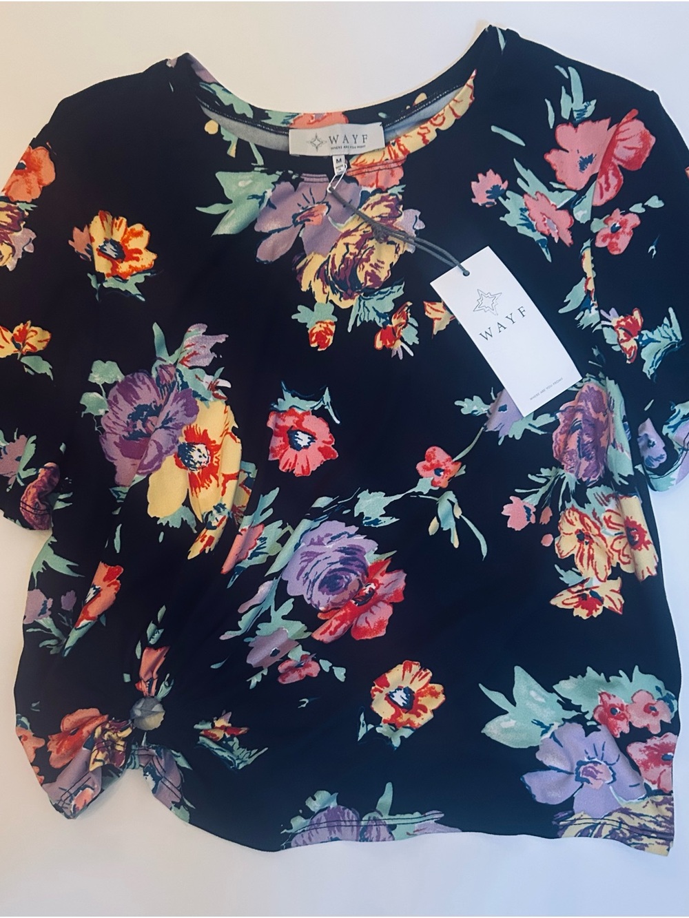 Wayf Black Floral Short Sleeve Blouse with Multicolor Blooms
